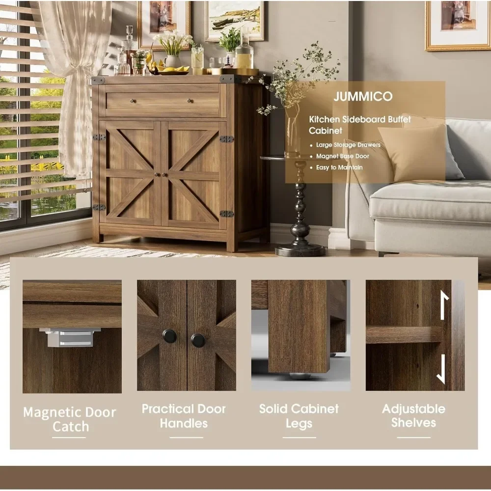 Coffee Bar Cabinet Farmhouse Kitchen Sideboard Buffet Cabinet with Drawer and Adjustable Shelf Barn Door Storage Cabinet image 4