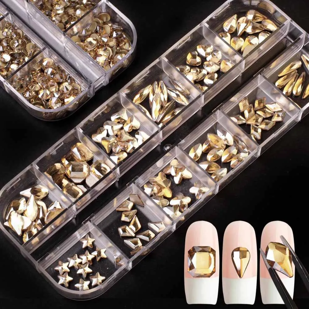 เพชรตกแต่งเล็บ 12 ช่อง สีแชมเปญ แบบกระจก ผสมเพชรกลมและเหลี่ยม ประกายระยิบระยับ รูปหัวใจ ดาว คริสตัล