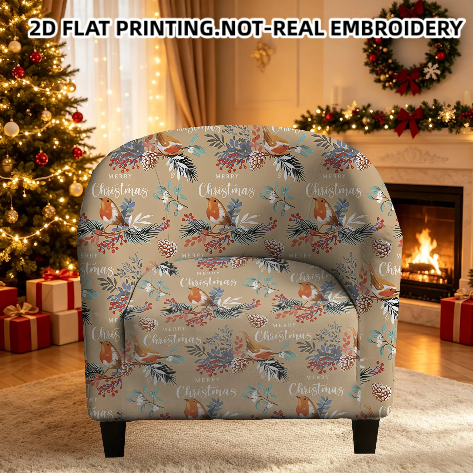 Vintage Christmas seamless printed robins pinecones red berries armrest sofa cover, 2D printed elastic single club sofa cover