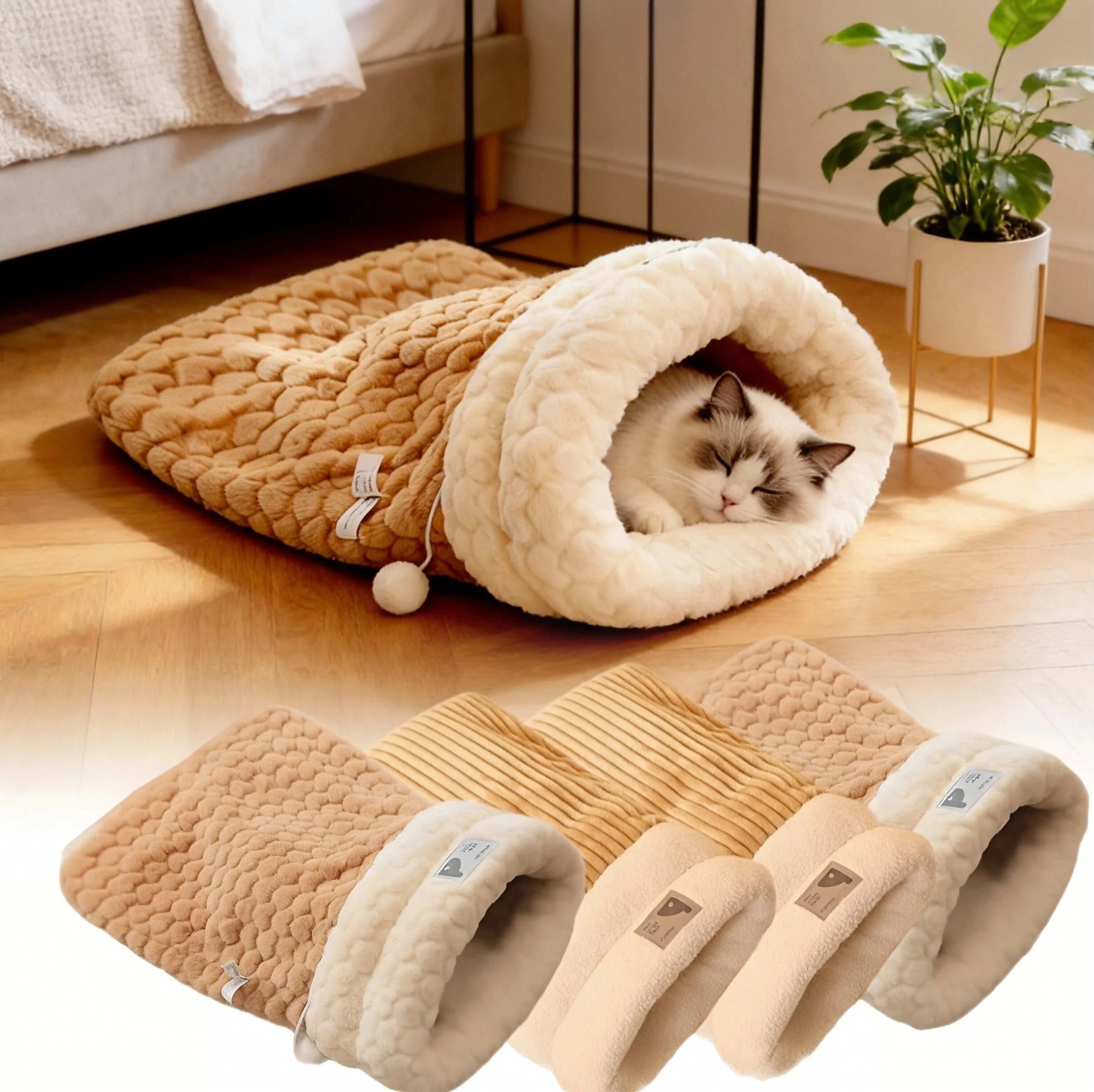 Cat bed sleeping bag with tunnel upgrade version; Foldable; Removable; Washable; Small dog pad pouch cave cat bed