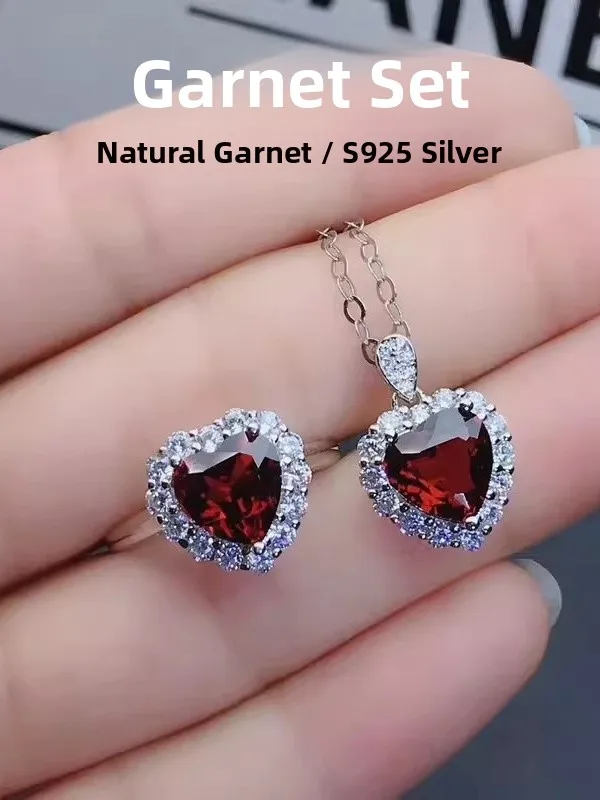s925-sterling-silver-heart-shaped-red-ruby-ring-and-pendant-women's-fashion-jewelry-set-natural-gemstone-vintage-style