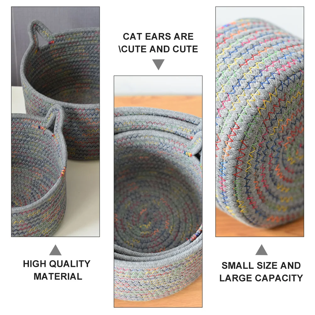 

Kitten Ear Storage Basket Cotton Rope Hand Woven Organizer for Accessories Beauty Products Household Items Storage Basket