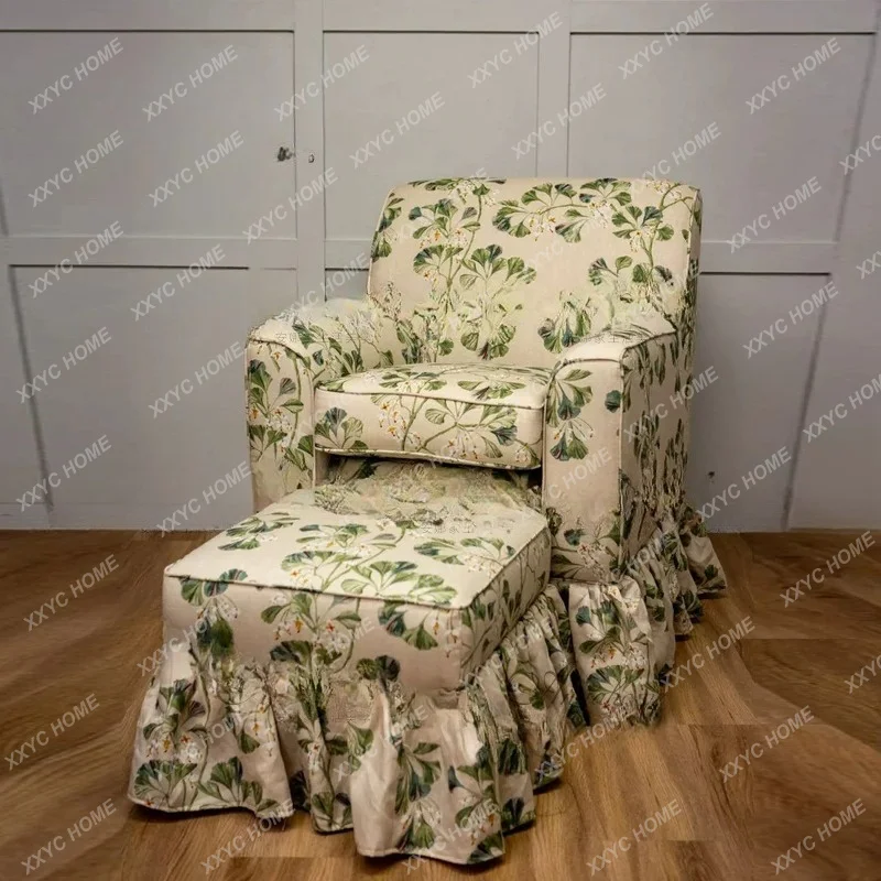 Printed Fabric Sofa Single Living Room Upholstered Chair Skirted Lounge Chair