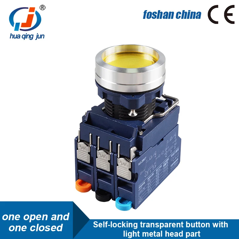 Huaqingjun Transparent Button Green Red Yellow Led Metal Self-locking NO NC Push Button Switch for PLC