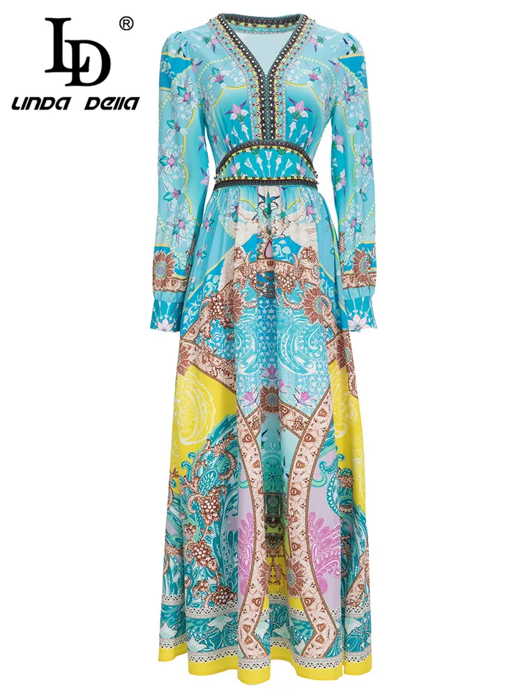 LD LINDA DELLA Fashion Runway Autumn Dress Women V Neck Beading High waist Blue Flower Print Vintage Holiday Party Long Dress