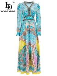 LD LINDA DELLA Fashion Runway Autumn Dress Women V Neck Beading High waist Blue Flower Print Vintage Holiday Party Long Dress