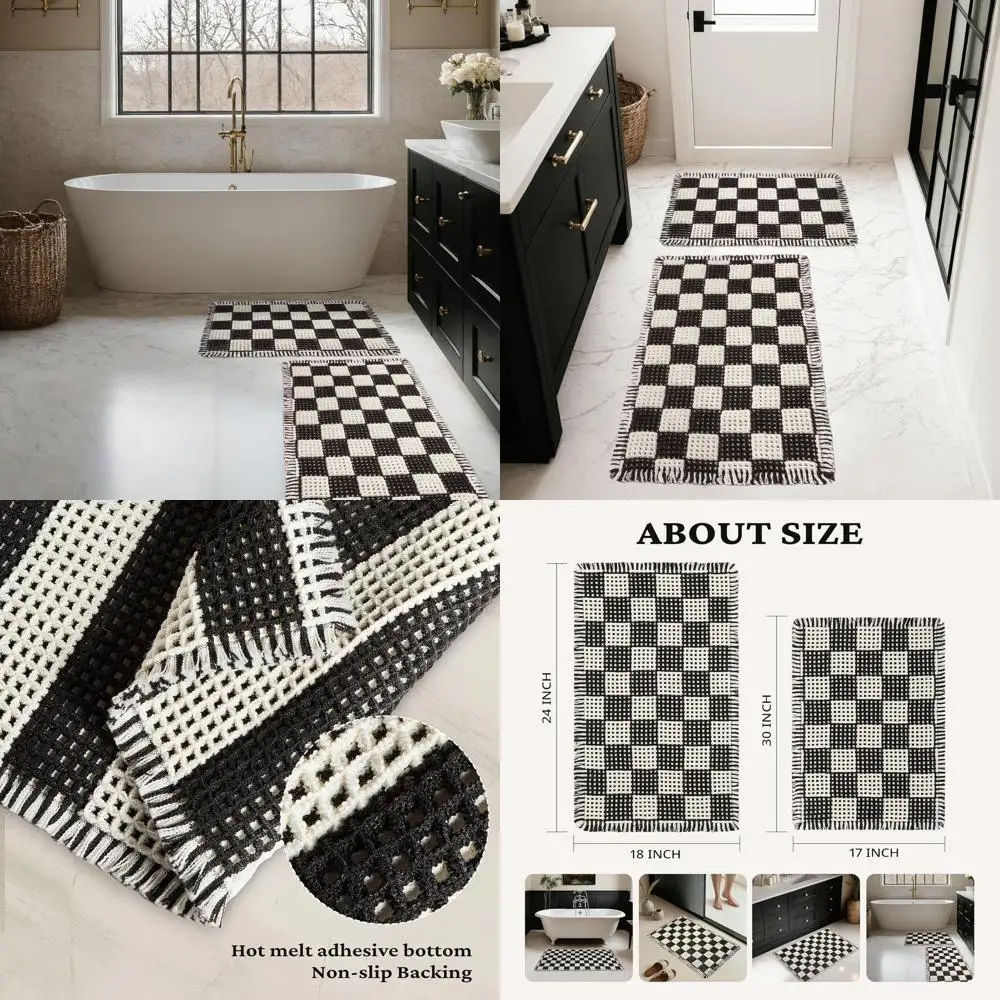 

Bathroom Floor Mat - Super Absorbent, Quick Dry, Machine Washable, Non-Slip, Soft Rug, Black and White Grid, 17x24 & 18x30 Inche