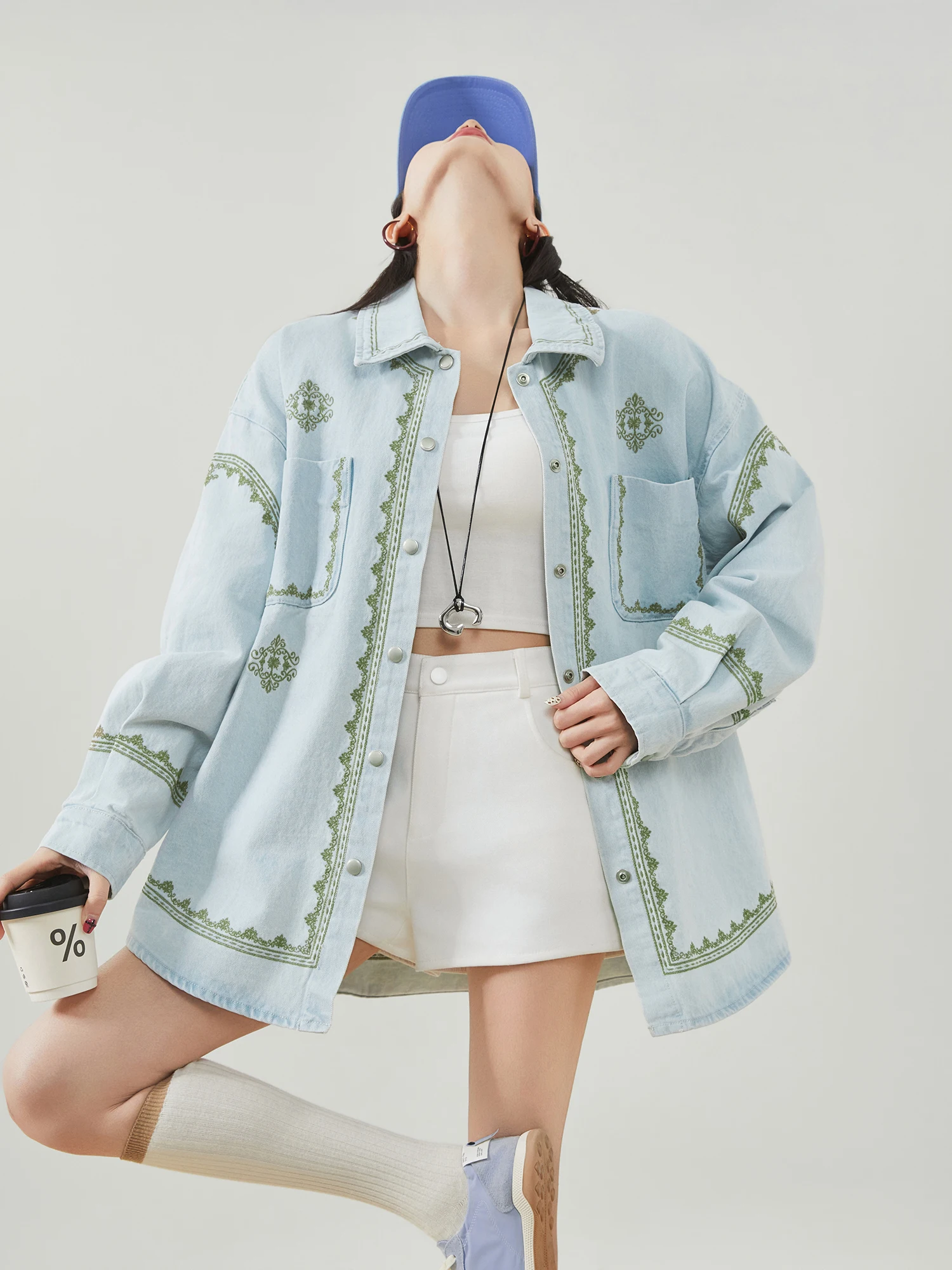 

Blue Heavyweight Embroidered Denim Jaet Women Loose Silhouette Premium Feel Slimming Long Sve irt Commute Sle Polyes...