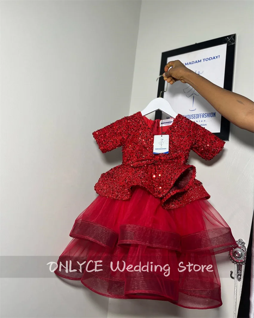 New Arrival Red Flower Girls Dress Short Sleeves Glitter Sequins Princess Beads Child Birthday Party Ball Gown Vestidos