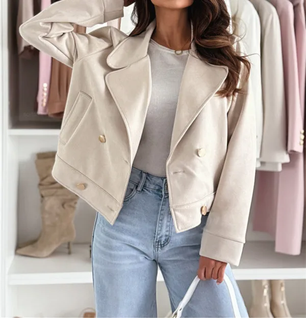 

Новая осенне-зимняя модная повседневная двубортная однотонная приталенная куртка с отложным воротником и длинными рукавами, 4 цвета