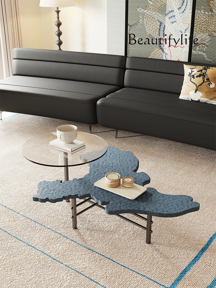 Art retro designer high and low combination coffee table special-shaped living room home glass stainless steel