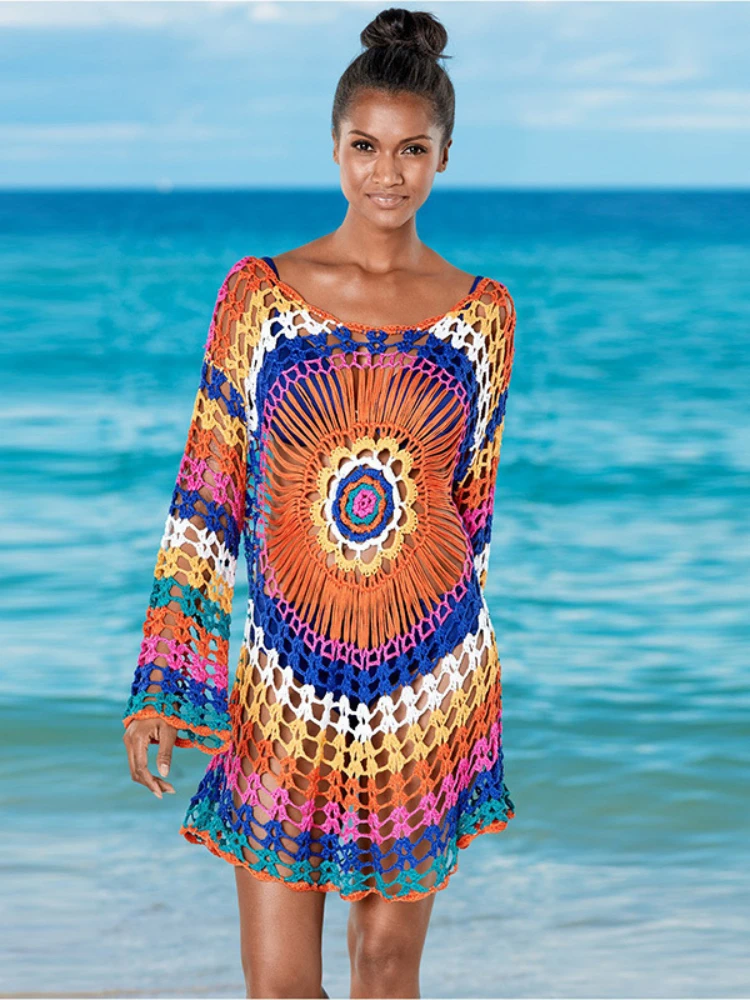 Bikini Cover Up Rainbow Crochet Top Handmade Knit Long Sleeve Beach Dress Summer Fashion Swimwear Tunic Top Quality