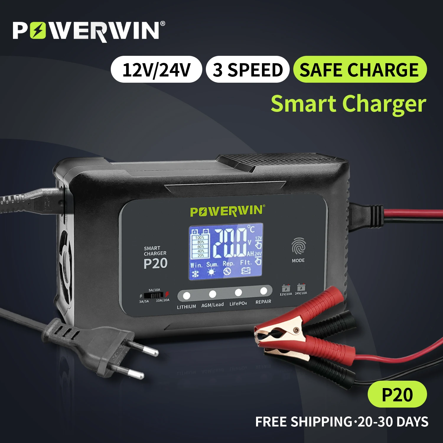 

POWERWIN P20 20A Smart Battery Charger 12V20A 24V10A Automatic for BT100 BT200 LiFePO4 AGM Lithium Lead-Acid Pulse Repair LCD