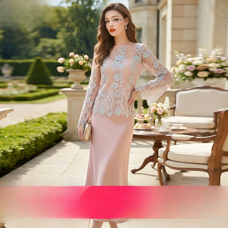 

Fashionable Lace Shirt And Dress Set Women's Spring Season Long Sleeve round Neck Two-Piece Set Sexy Elegance Light Maturity