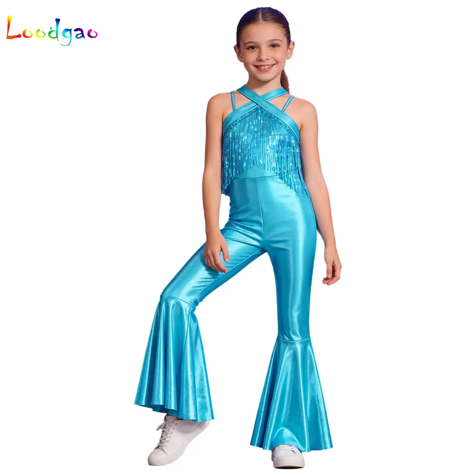 

Kids Girls Hippie Halloween Costume Tassels Unitard Bell-bottom Long Pants Bodysuit Jumpsuit Disco Dance 60s 70s Rave Party Wear