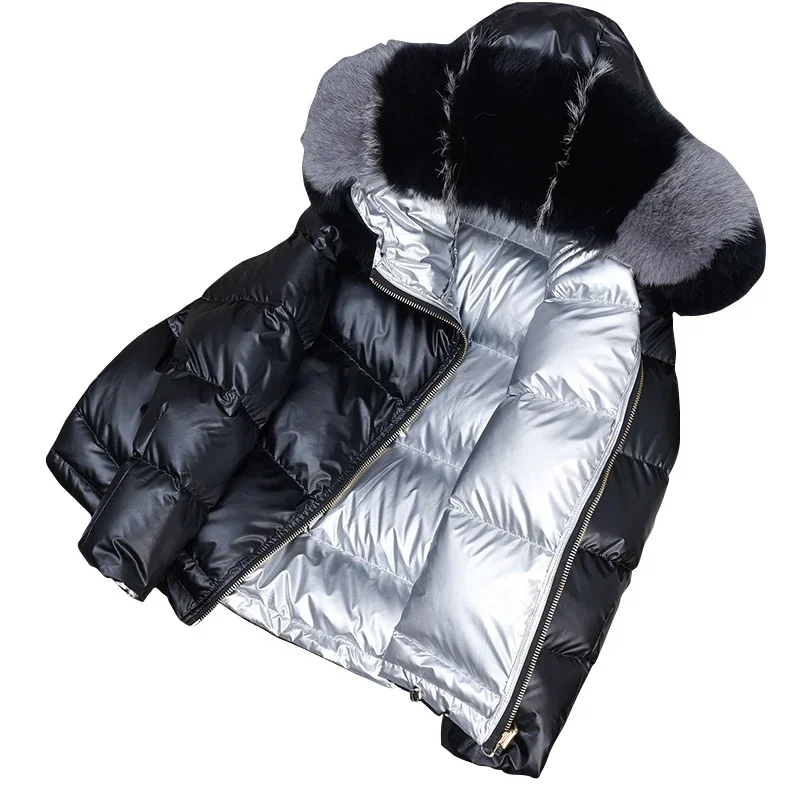 Parkas de piel auténtica para mujer, chaqueta con cuello de piel de zorro Natural, abrigo corto suelto de plumón de pato blanco, abrigo grueso y