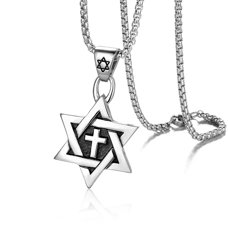 Megin D Stainless Steel Titanium Star of David Vintage Cross Hop Hop Pendant Collar Chains Necklace for Men Women Gift Jewelry