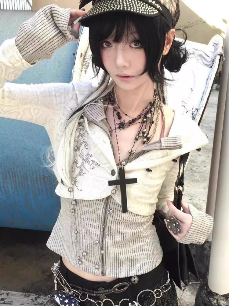 Autumn Japanese Y2k Retro Hooded Sweatshirts Women's Punk Subculture Patchwork Knit Cardigan 2000s Streetwear Print Clothes New