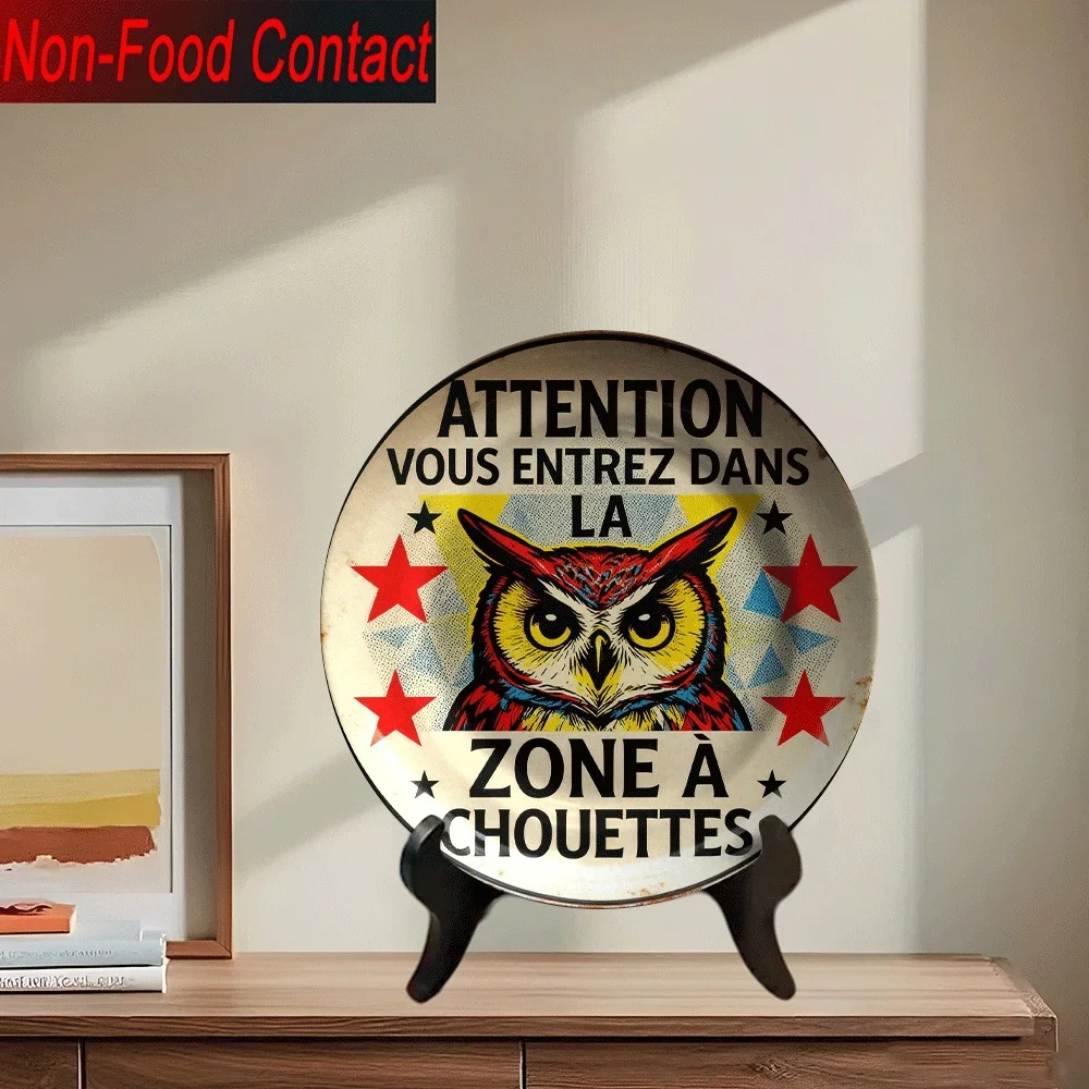 1pc French Owl Ceramic Decorative Plate - Non-Food Contact Safe, Vibrant Red & Yellow Owl Design with French Text, Round