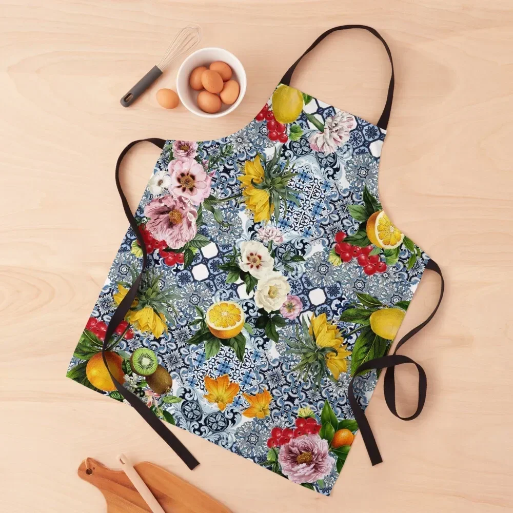 

Sicilian summer romantic tiles flowers and lemon fruits pattern cottagecore Apron Womens Dresses Manicurists Kitchen Man Apron