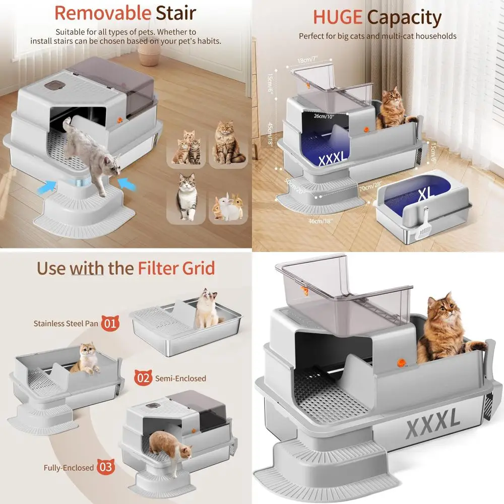 

Очень большой закрытый лоток для кошек из нержавеющей стали 28x20x18 с фильтрующей сеткой, ступенькой, совком, нелипкий, без запаха, легко чистится (Li