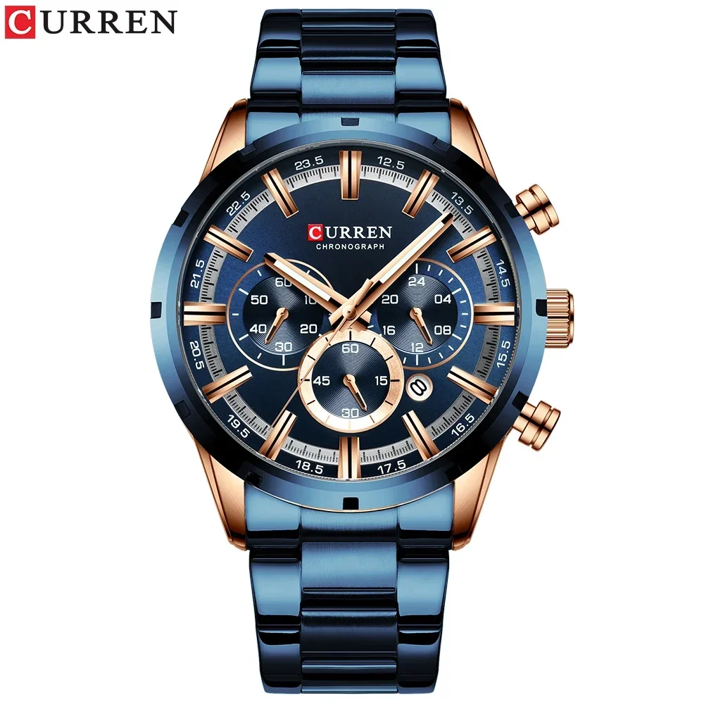Orologio da uomo Curren - Cinturino in acciaio inossidabile con quadrante blu con data - Ideale per affari e lusso - Orologi da polso da uomo impermeabili