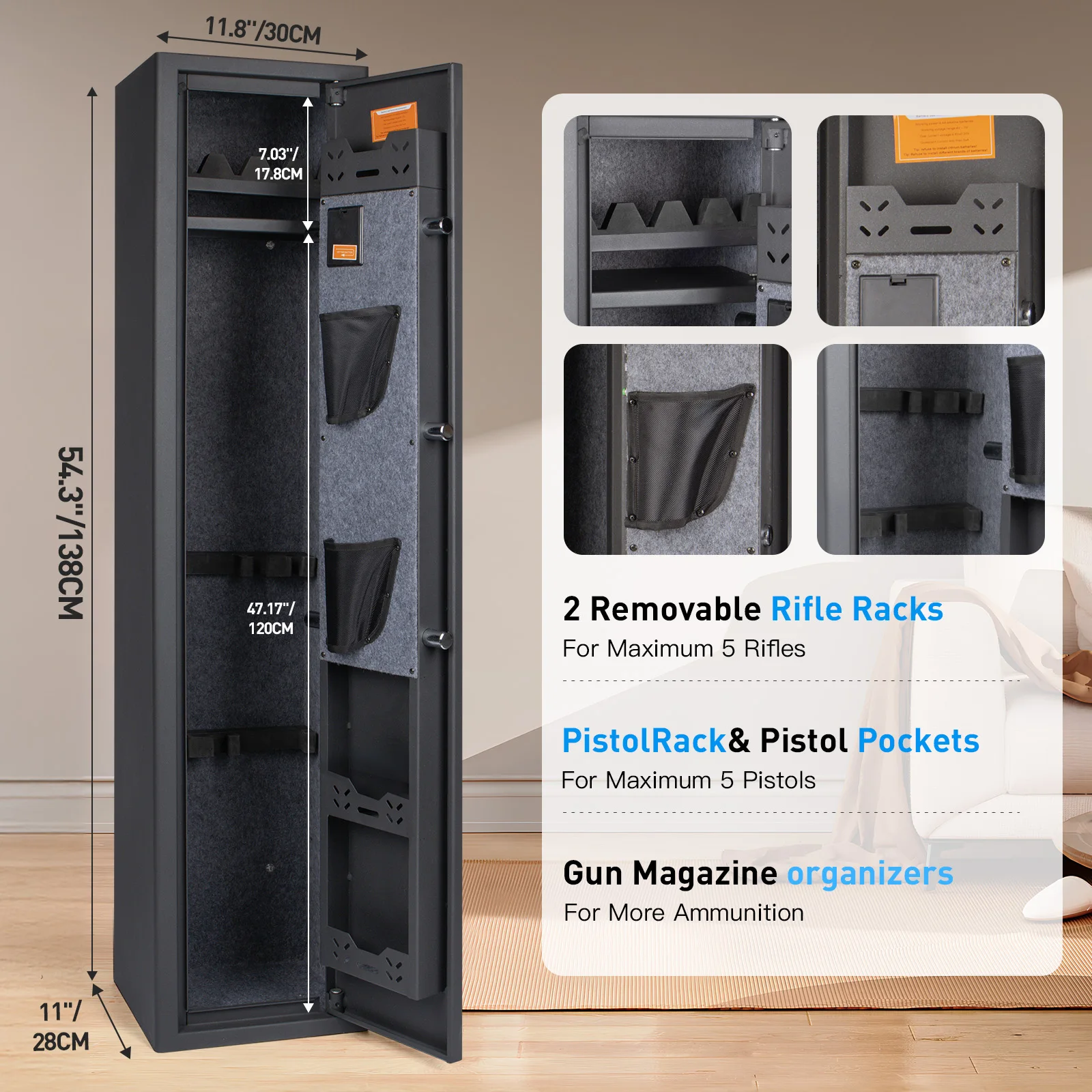 Mutak 5-7 Gun Safes for Home Rifle and Pistols Gun Cabinet with Digital Keypad/Key/Type C Port,Rifle Safe with Removable Shelf