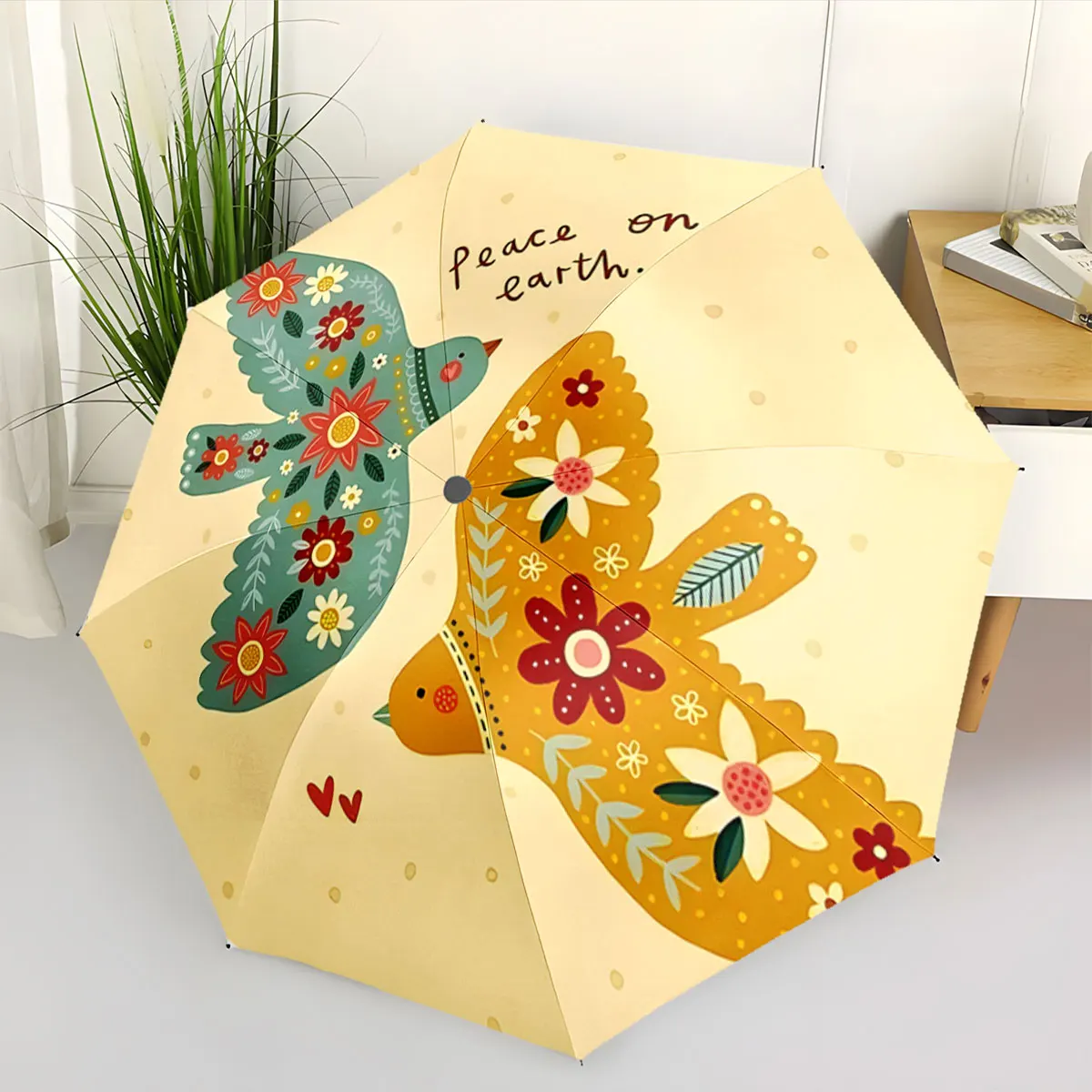 1PC Floral Birds on Umbrella Promote Peace Message Print 8 Iron Ribs Folding Umbrella Auto-Open Fashion Sunshade
