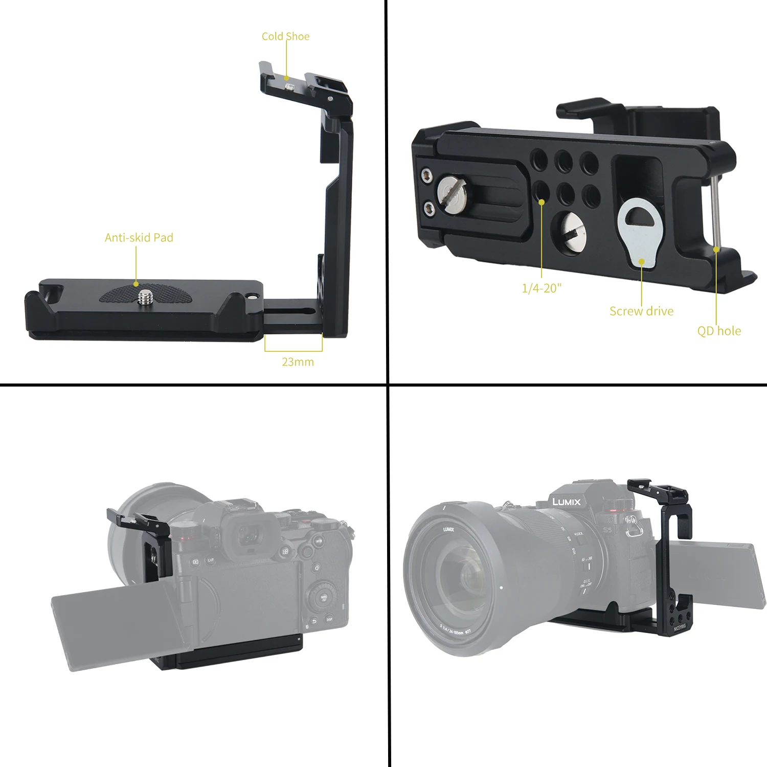 NICEYRIG L-Bracket DSLR Camera Mount Vertical Video Shooting with 1/4"-20 Screw Hole for Panasonic S5/S5MarkII/S5 MarkII/G9M2 view 2