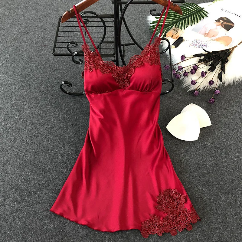 

Summer V-neck Backless Nightdress Women Lace Sexy Sleepwear Burgundy Satin Pajama Nightgown