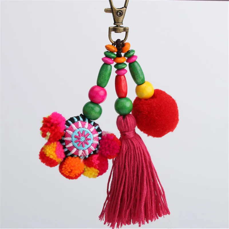 Llaveros con dijes de flores, cuentas de madera con pompón, joyería colorida, estilo bohemio, 1 unidad