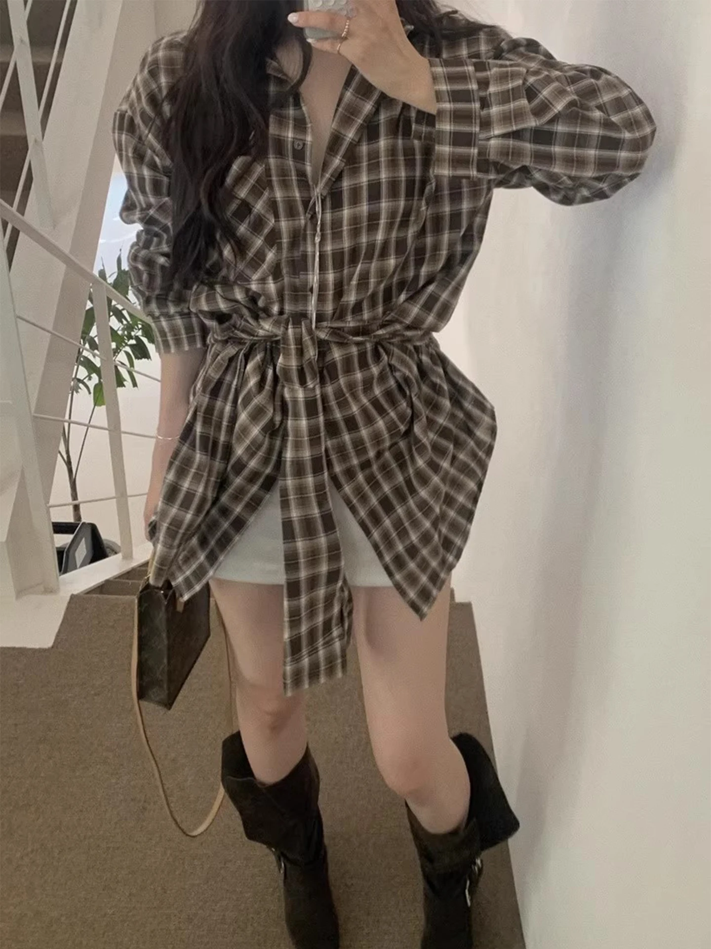 Retro a cuadros con cinturón para mujer, irt, primavera, principios de temporada, corte ajustado, capa Base asimétrica, Color superior, corbata de Colion, diseño de cintura