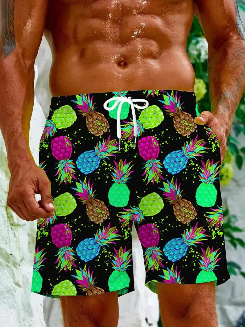 Men's Tropical Pineapple Graphic Print Beach Shorts Summer Casual Quick-Dry Surfing Diving Shorts Men's Hawaii Board Short