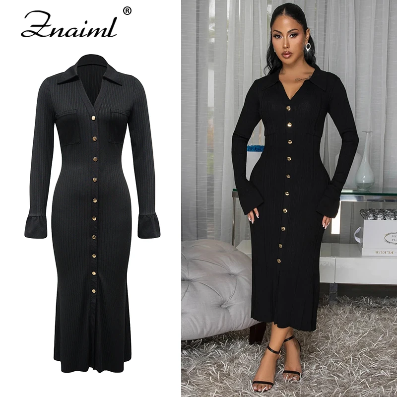Znaiml Elegant Women Lapel V Neck Flare Long Sleeve Patchwork Button Black Maxi Dresses Autumn Winter Birthday Evening Prom Robe