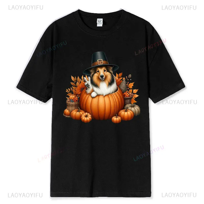 Fashion Autumn Pumpkin Shetland Sheepdog Thanksgiving Womens Mens T-Shirt New Autumn Winter Graphic T Shirts Comfort Cotton Tops