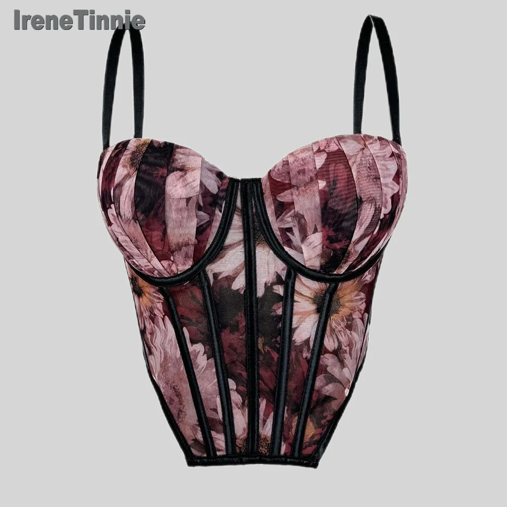 IRENE TINNIE-Women's Printing Flower Transparent Corset, Waist Fishbone Bandage, Bustier Corset, Sexy Tops, Fashion, New，2025