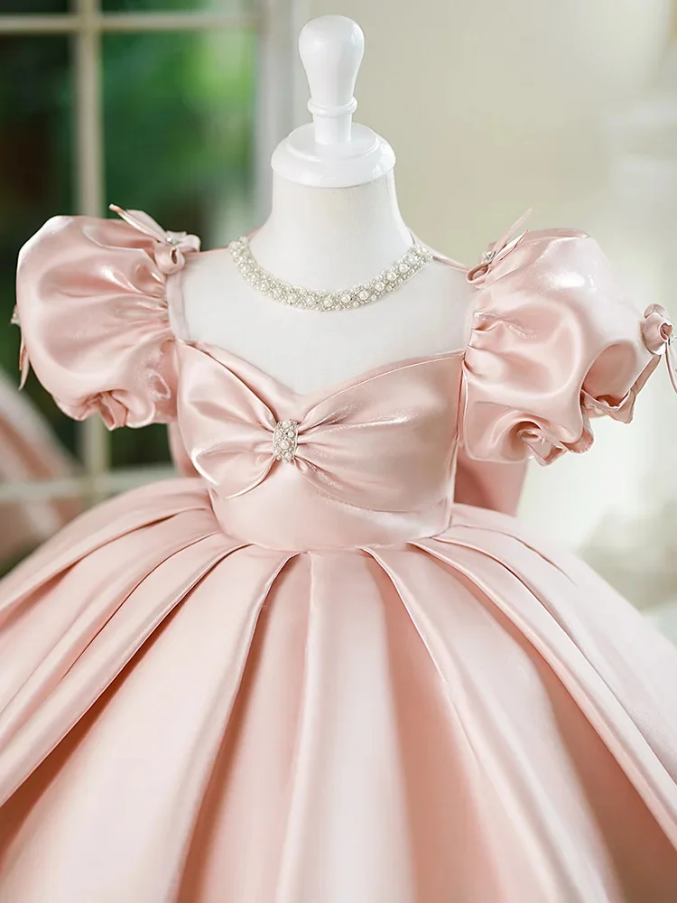 Elegante rosa Satin Perlen Perlen Blumen mädchen Kleid für Hochzeit knielang schönes Kind erste eucharis tische Geburtstags feier Kleid