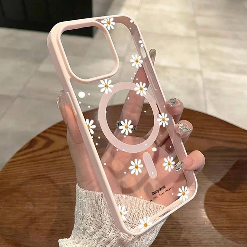 

For Samsung Galaxy S26 Ultra S25 S24 S23 S25 Plus S24 FE A17 A37 A57 A56 A55 Small Daisy Pattern Magnetic Clear Phone Case Cover