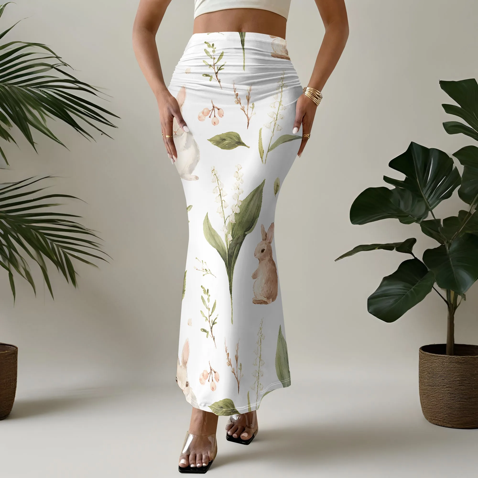 Floral Rabbit Print Skirt, Botanical Bunny Design, Ruched Mermaid Silhouette, Spring Summer Party Wear, S-2XL