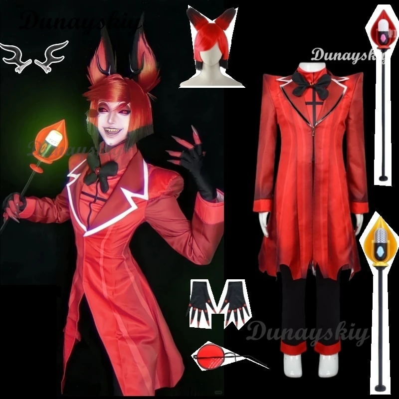 Alastor HazZZbinin Cosplay Costume Wig Hotel Radio Demon Cosplay Red Jacket Shirt Pants Gloves Tie Uniform Halloween Full