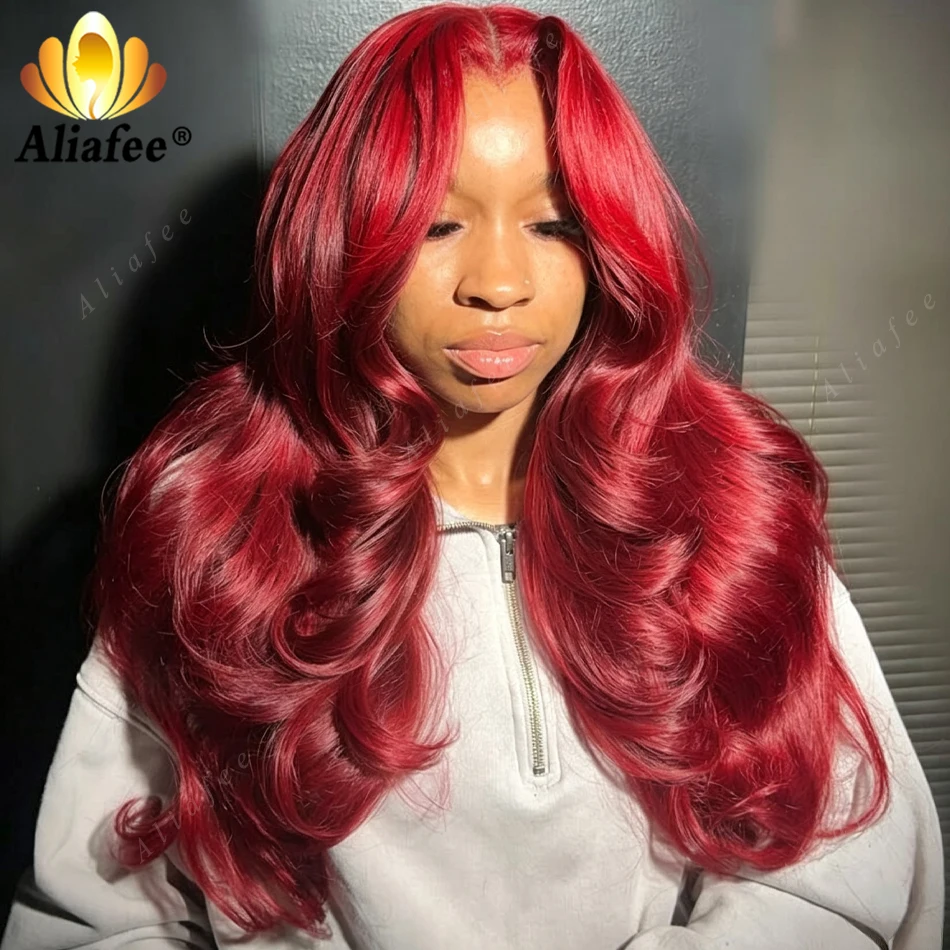 

Brand New Vibrant Ruby Red Body Wave Silky Shiny Glossy Full Real Human Hair Wig 13x6 Transparent Lace Frontal Human Hair Wigs