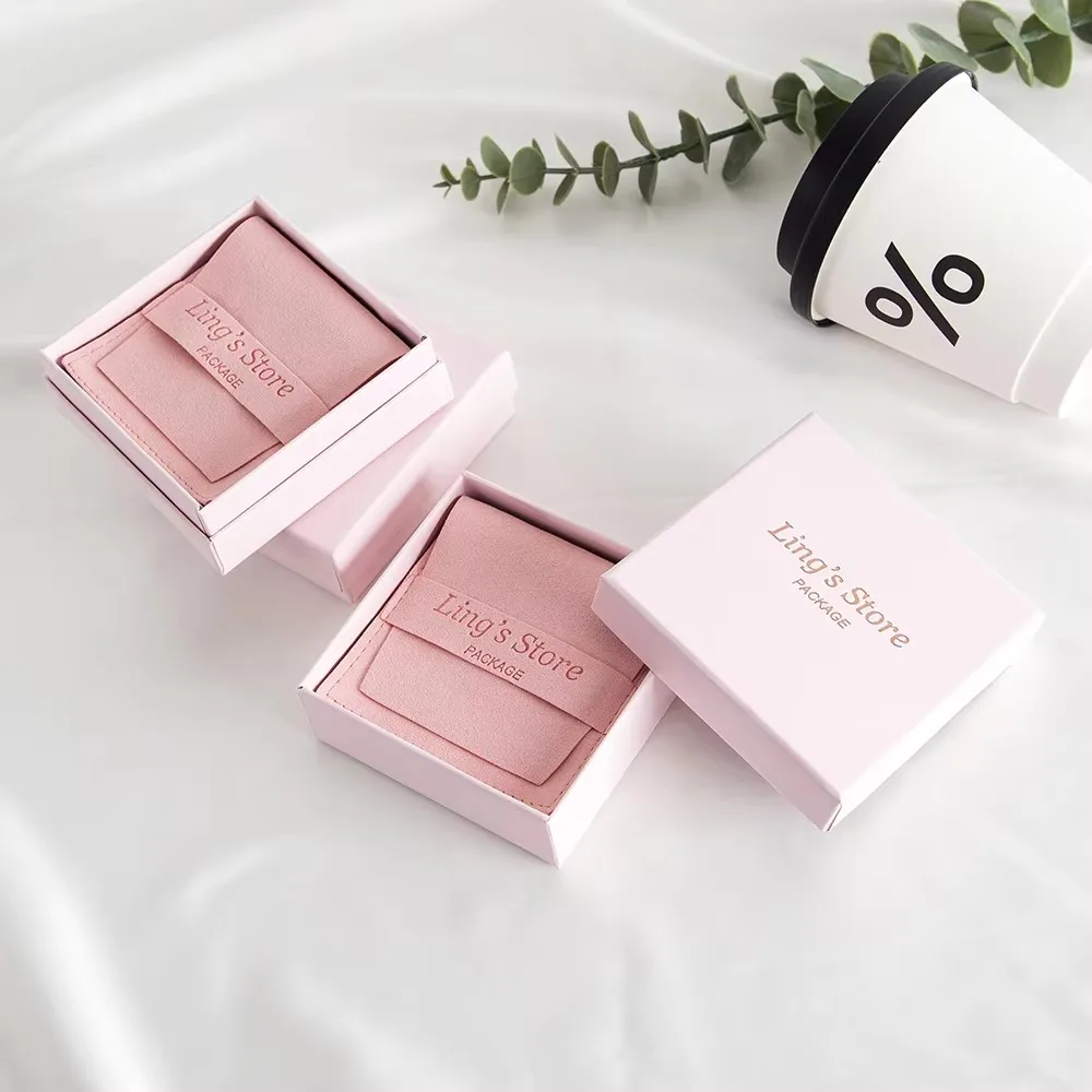 24/50/100Set Custom Logo 9x9x3cm Jewelry Paper Case With 8x8cm Microfiber Bag and 7x7x3cm Lid Boxes Insert 6.2x6.2cm Strip Pouch