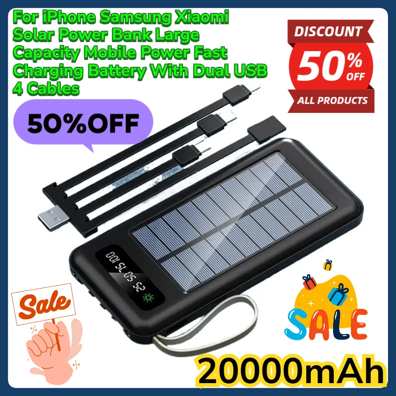 

For iPhone Samsung Xiaomi 20000mAh Solar Power Bank Large Capacity Mobile Power Fast Charging Battery With Dual USB 4 Cables