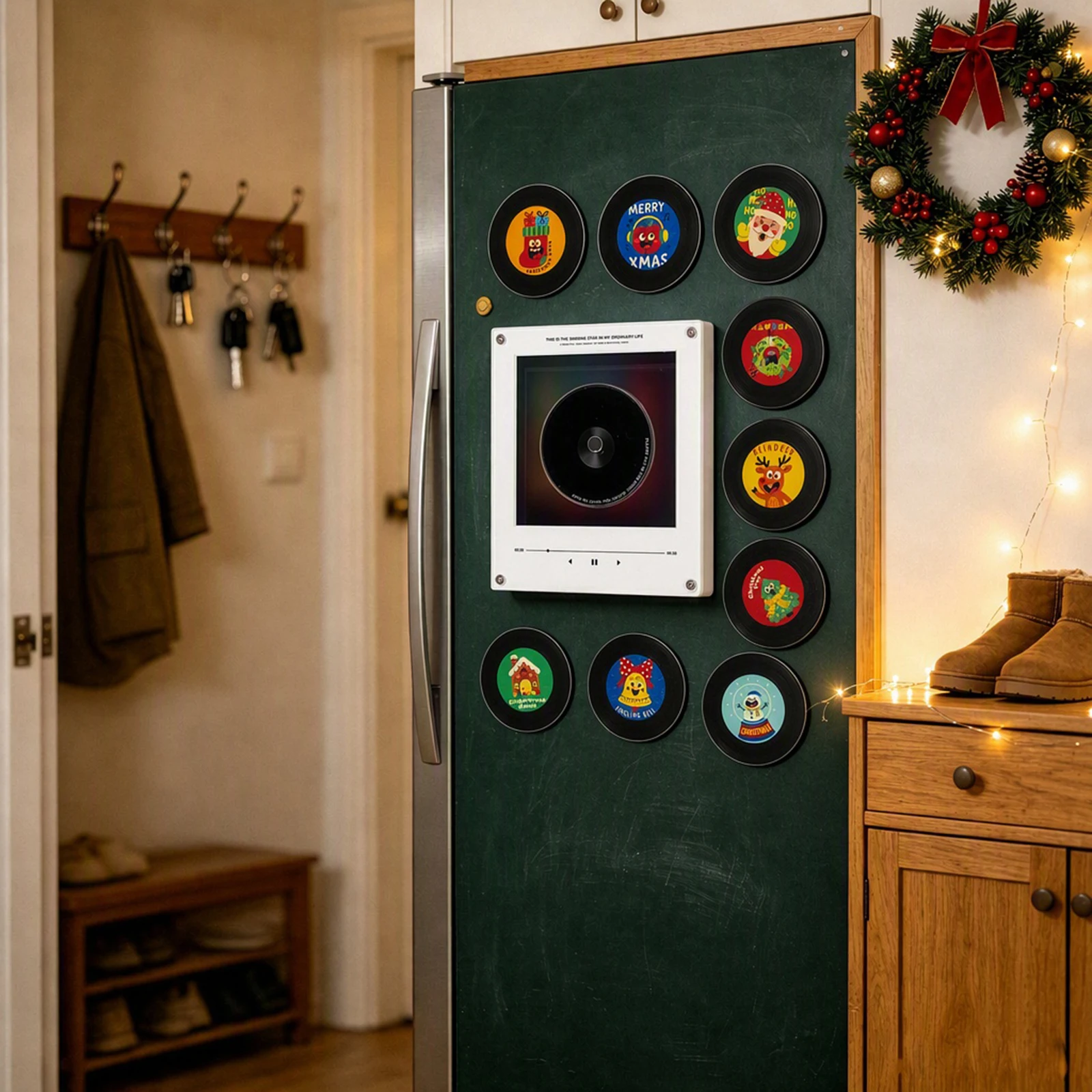 Acrylic NFC Christmas Vinyl Player Fridge Record with 9 Programmable Playback Magnetic Mini Vinyl Record Player Fridge Magnet
