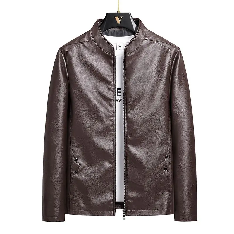 Men's Motorcycle PU Leather Jacket Spring New Thin Stand-up Collar Slim Handsome Top