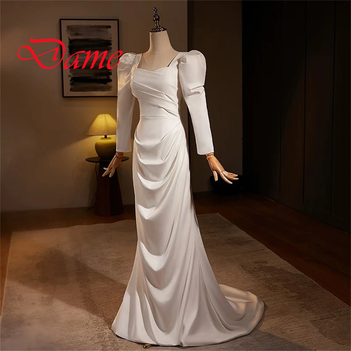 Customized Exquisite Ivory  Satin Evening Dress  Graceful Square Collar Puff Sleeves Long Sleeves Lace Up Back Wedding Dress