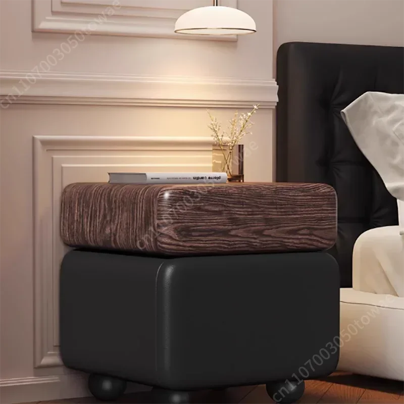 Two-Tone Rolling Nightstand, Wood Grain Top & PU Leather Base Bedside Table with Caster Wheels for Bedroom