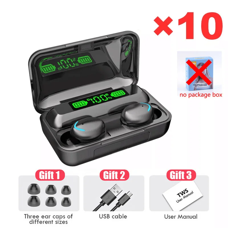 10pcs TWS F9 Wireless Headset Bluetooth 5.0 Hi-Fi Stereo In-Ear Earbuds HD Digital Display Waterproof Headset with Microphone