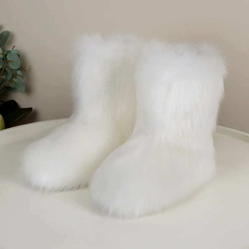 Winter Women Fluffy Faux Fox Fur Boots Woman Plush Warm Snow Boots Luxury Footwear Girls Furry Fur Bottes Fashion Winter Shoe