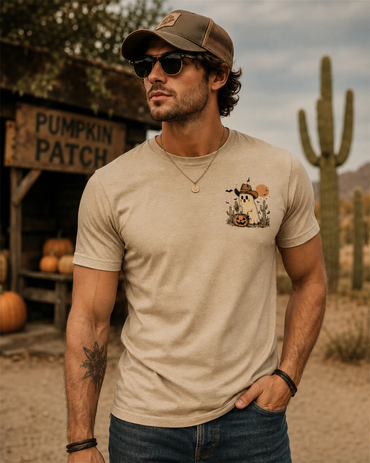 Halloween Western Ghost T Shirt Men Women Motorcycle Commuter Wear Cowboy Pumpkin Graphic Tee Short Sleeve Streetwear